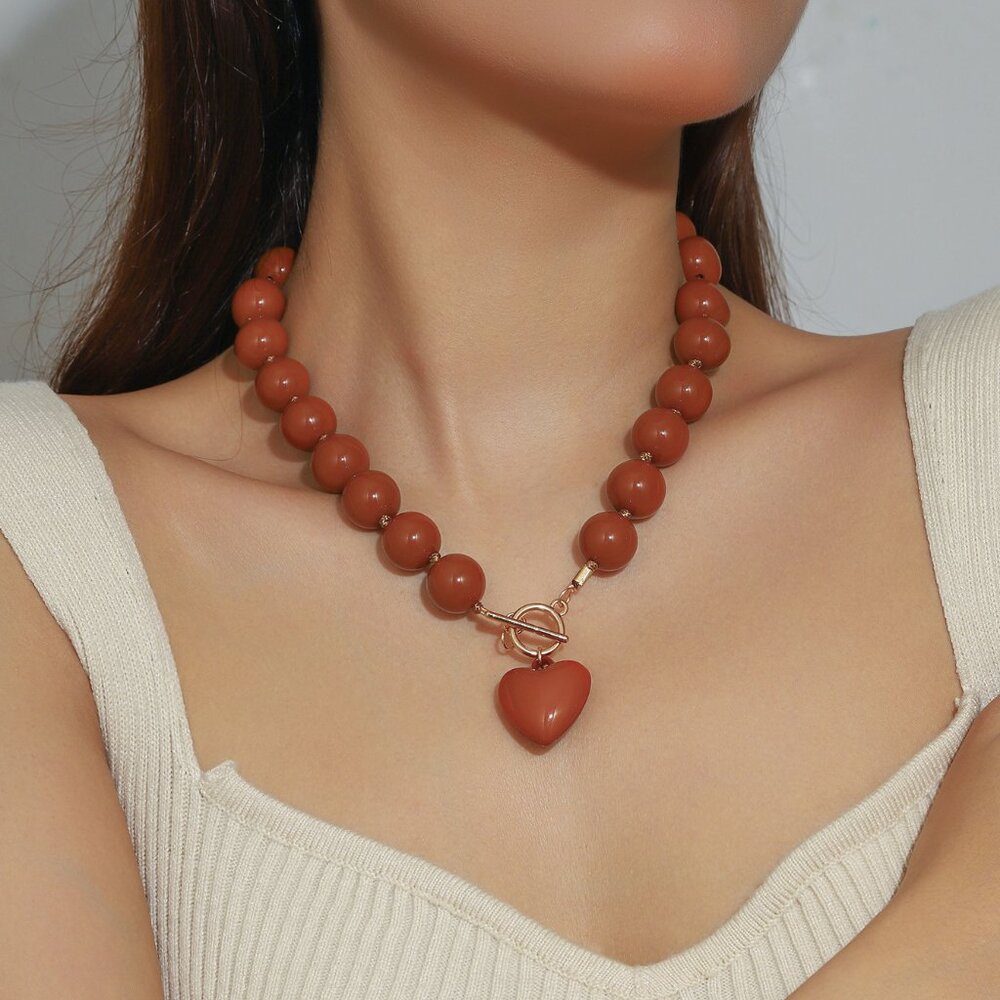 Y2K Maximalist Beaded Heart Necklace Brown